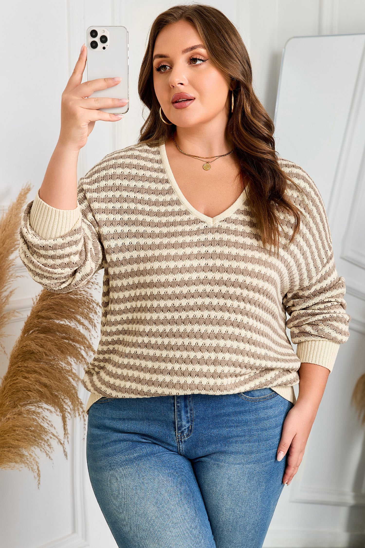 Dear-Lover Khaki Stripe Plus Size Women's V-Neck Sweater Casual Fall Knit Dear-Lover Dropshipping