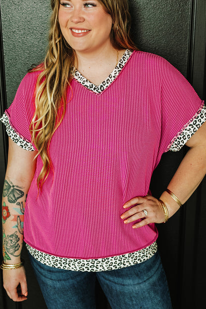 Rose red leopard accent v-neck corded plus size top