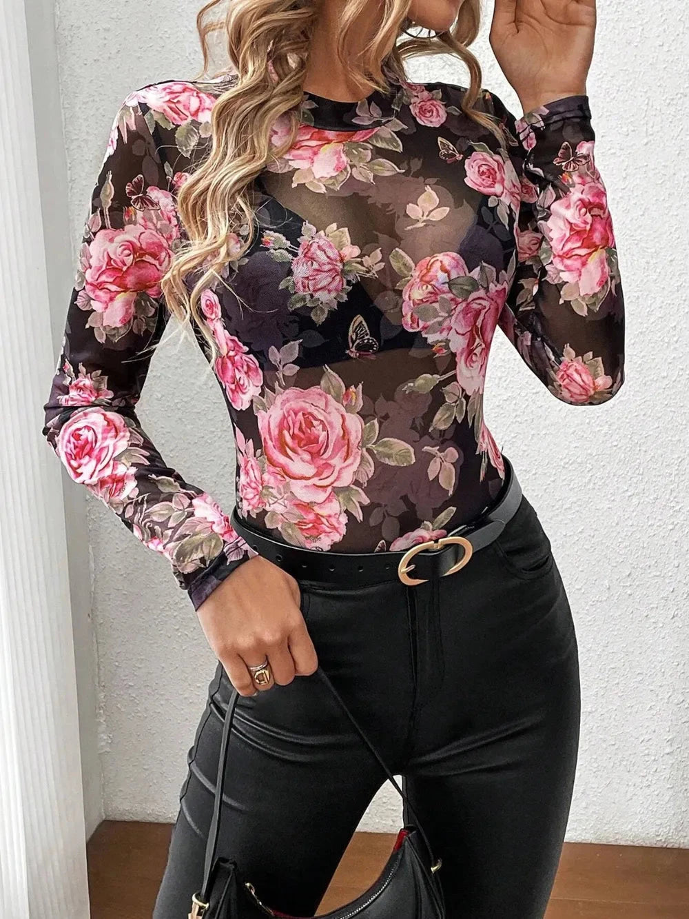 Mesh Floral Mock Neck Long Sleeve Top Coco’s Tee Boutique