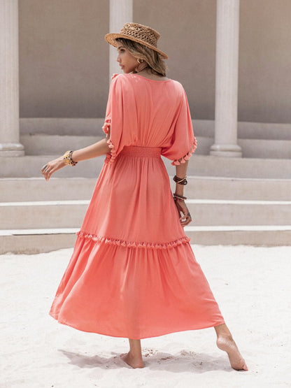 Tassel Trim Smocked V-Neck Short Sleeve Dress.