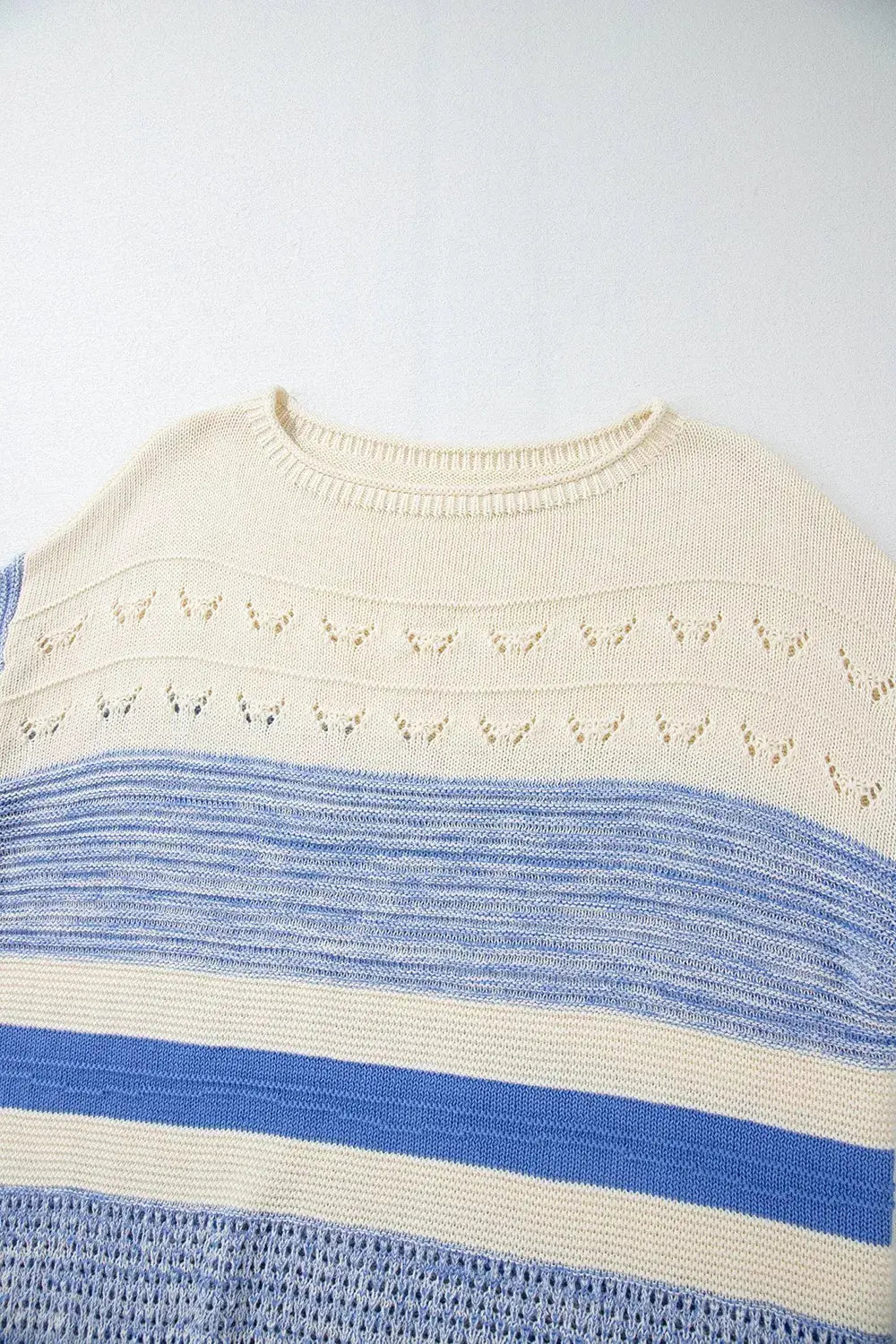 Openwork Striped Knit Long Sleeve Sweater Simply Love