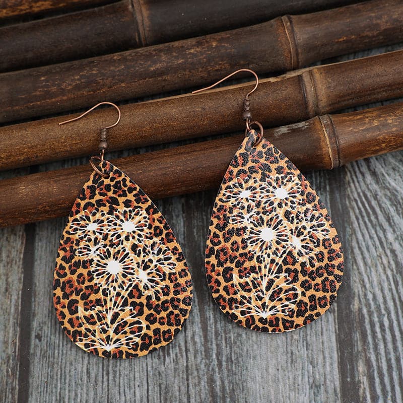 Leopard PU Leather Teardrop Shape Earrings.