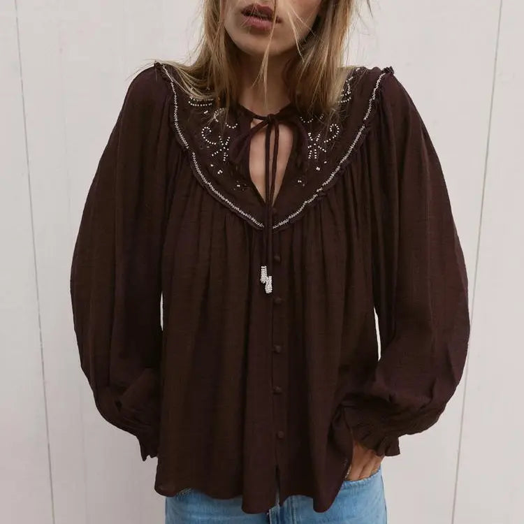 Women Long Sleeve Casual Beaded Embroidered Shirt Bella Mia