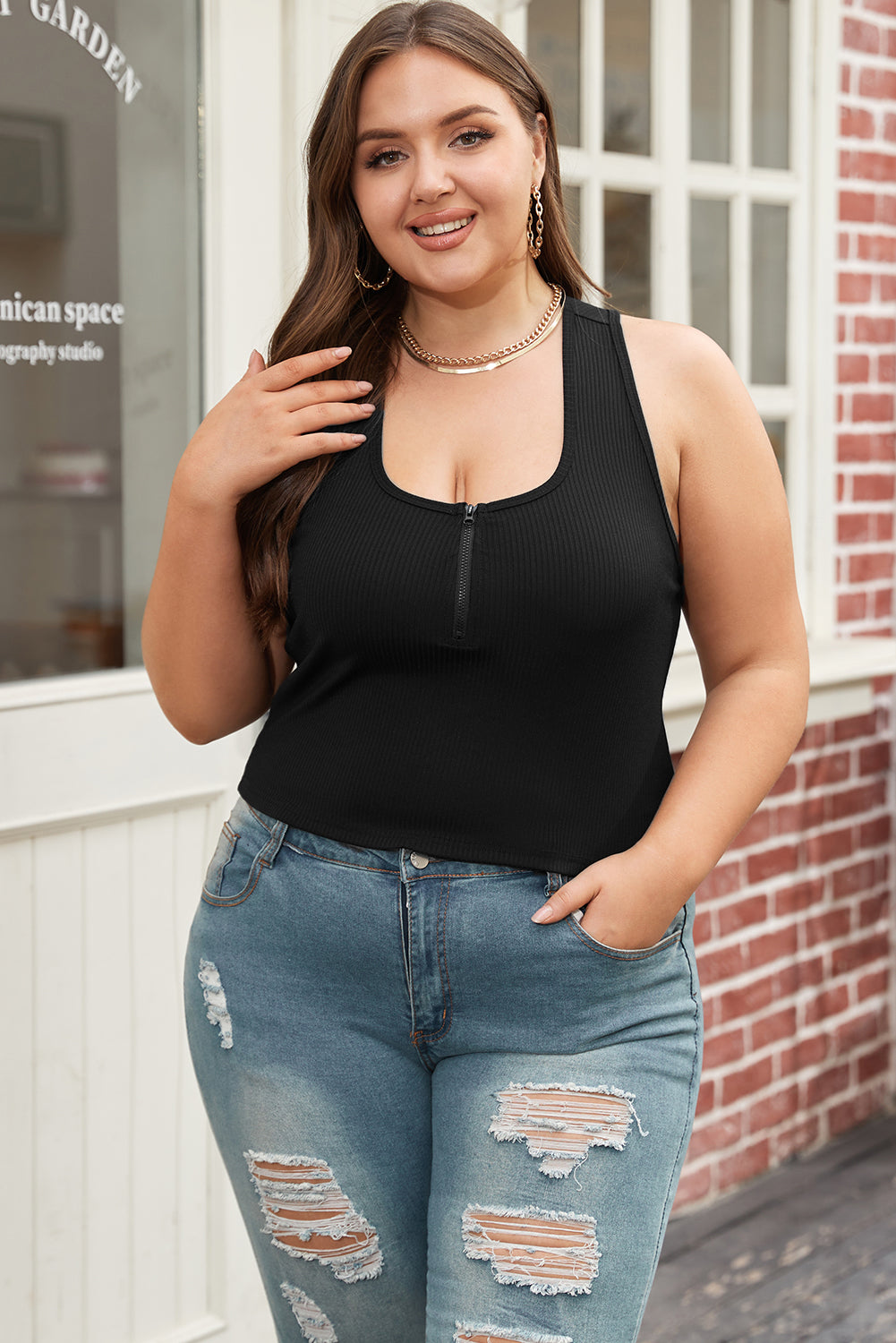 Chic black plus size ribbed tank top with zipper front detail