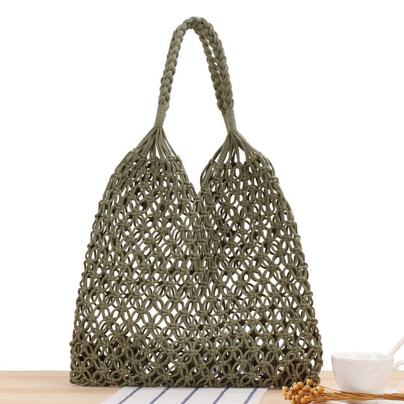 Solid Color One Shoulder Woven Bag Trendy Women Mori Straw Bag Degrees Handmade Cotton String Net Pocket Beach Bag Bella Mia