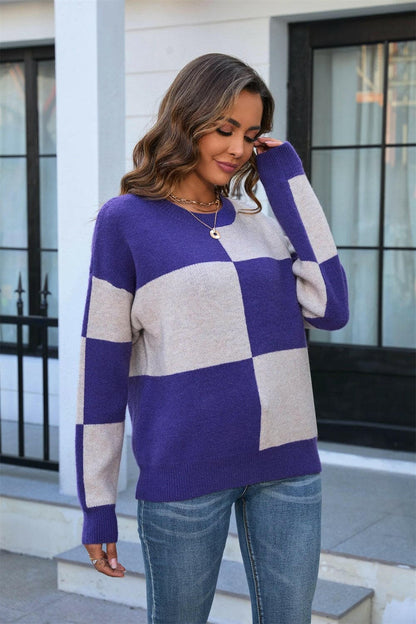 Color Block Round Neck Dropped Shoulder Sweater.