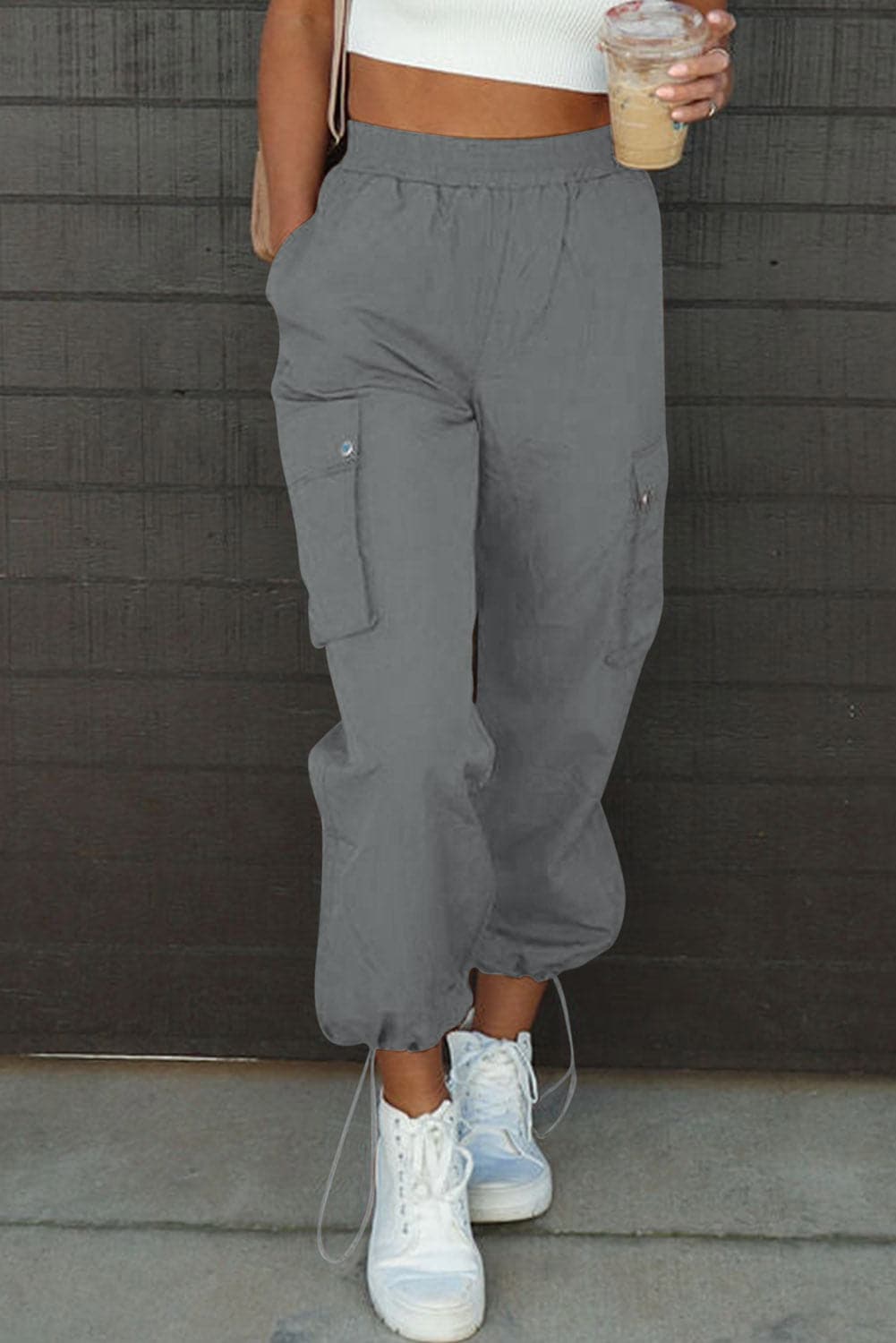 Drawstring Elastic Waist Pants with Pockets.