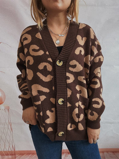 Leopard Button Front Cardigan with Pockets.