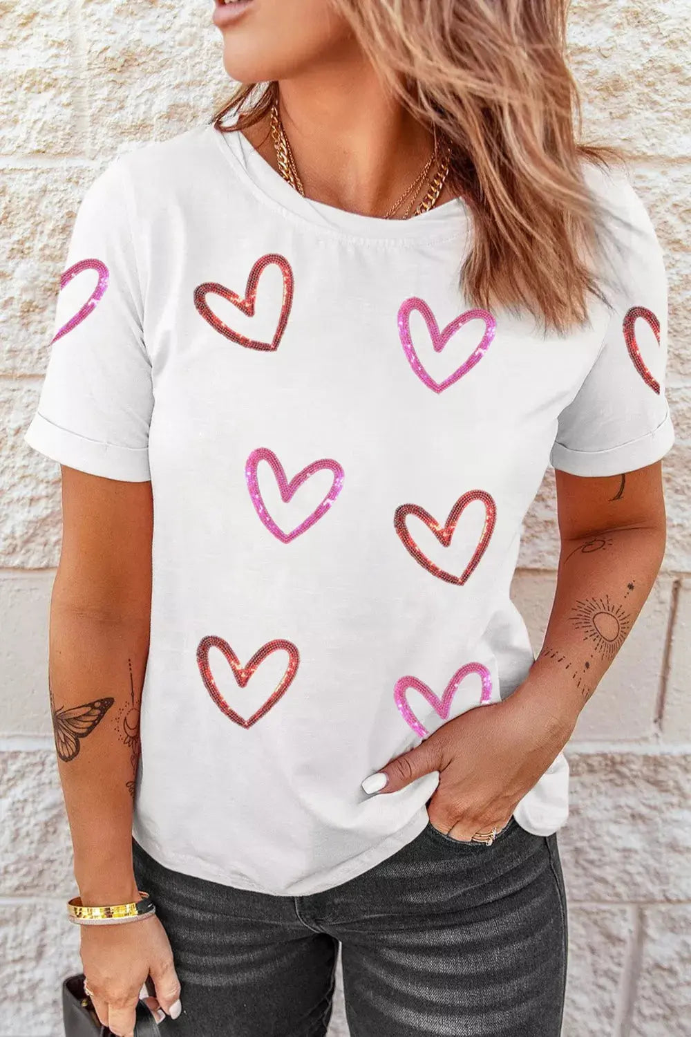 Sequin Heart Short Sleeve Casual Tee Simply Love