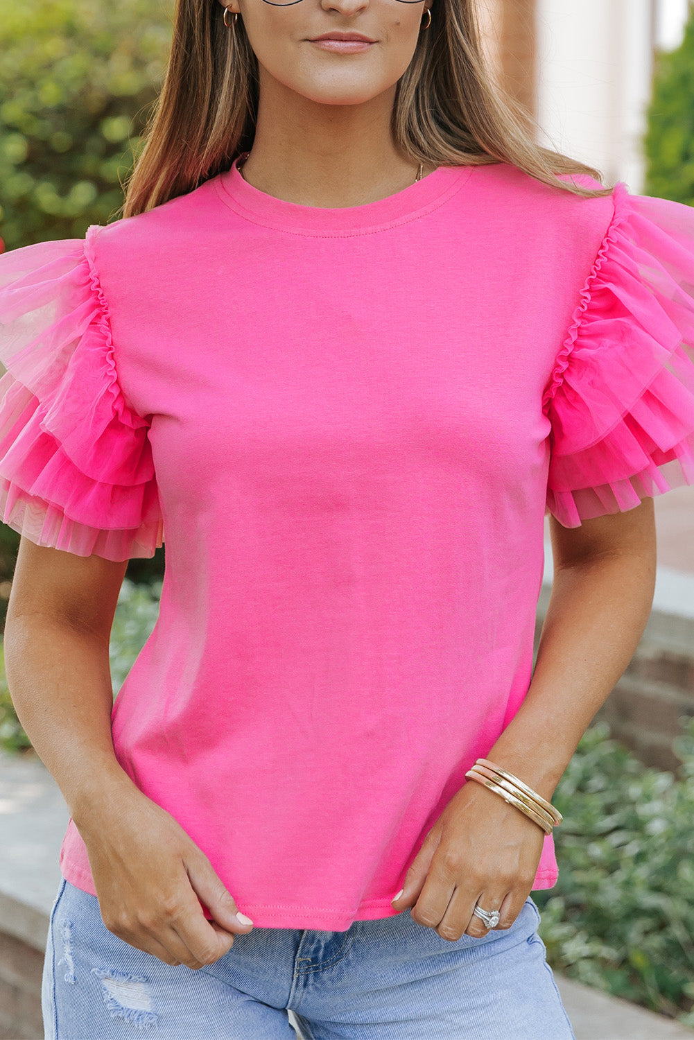 Pink Plain Round Neck Tulle Ruffle Sleeve Blouse Divine Design4U