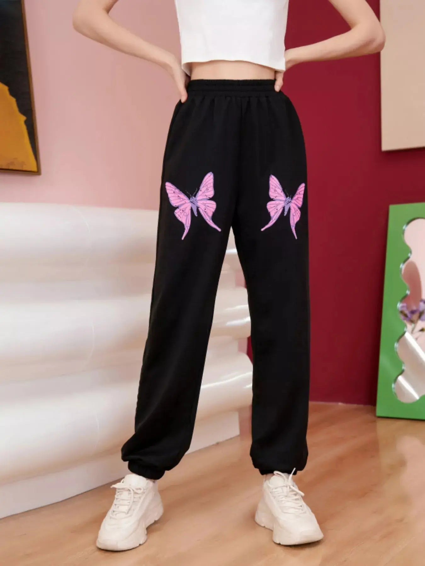 Butterfly Print Casual Sweatpants Women Black With Pink Butterflies Simply Love