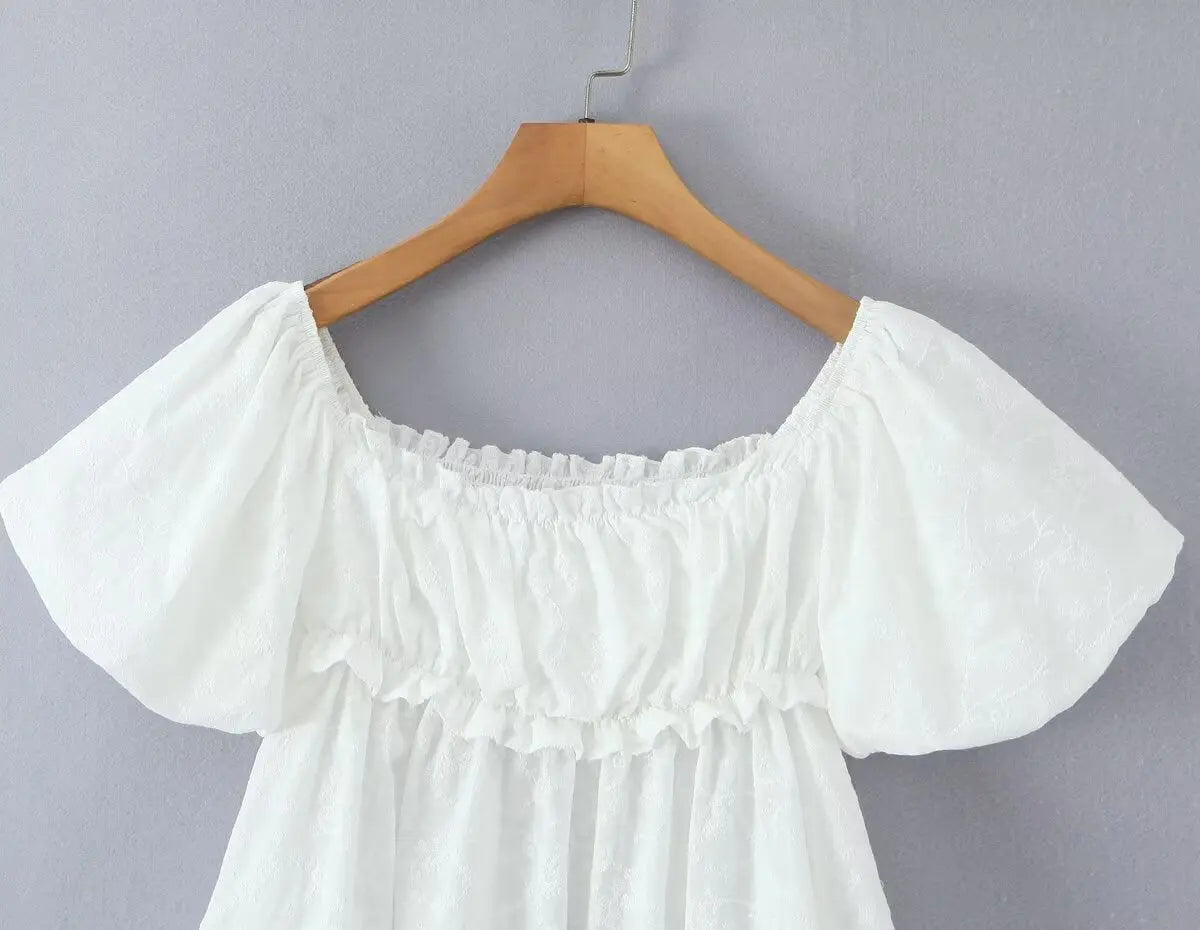 Cotton Puff Sleeve Square Neck Blouse For Women Summer White Bella Mia