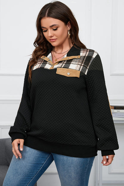 Cozy black plus size quilted plaid patch henley sweatshirt