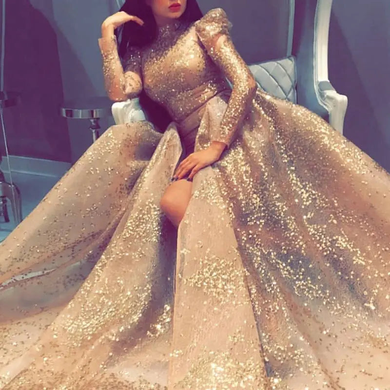 Women Clothing Independent Stand with Gold Big Swing Sexy Dress Slit Cocktail Evening Dress Bella Mia