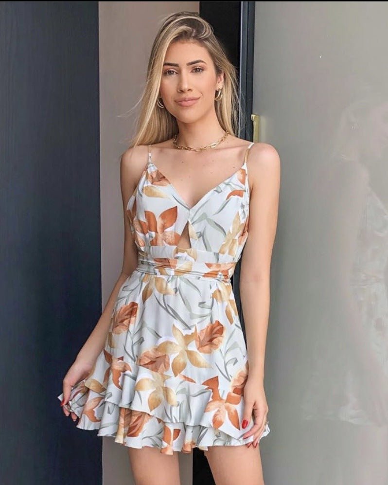 Women Printed Sexy V-neck Exposed Sleeveless Women Dress Bella Mia