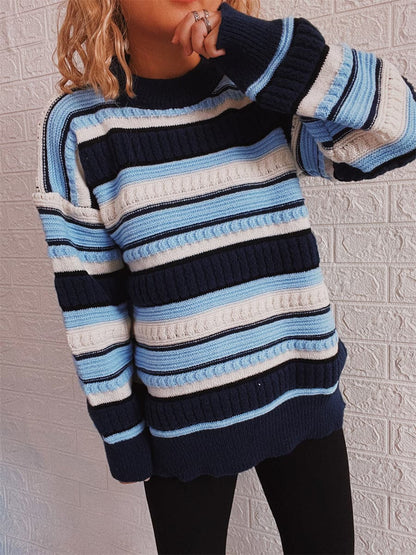 Striped Drop Shoulder Round Neck Sweater.