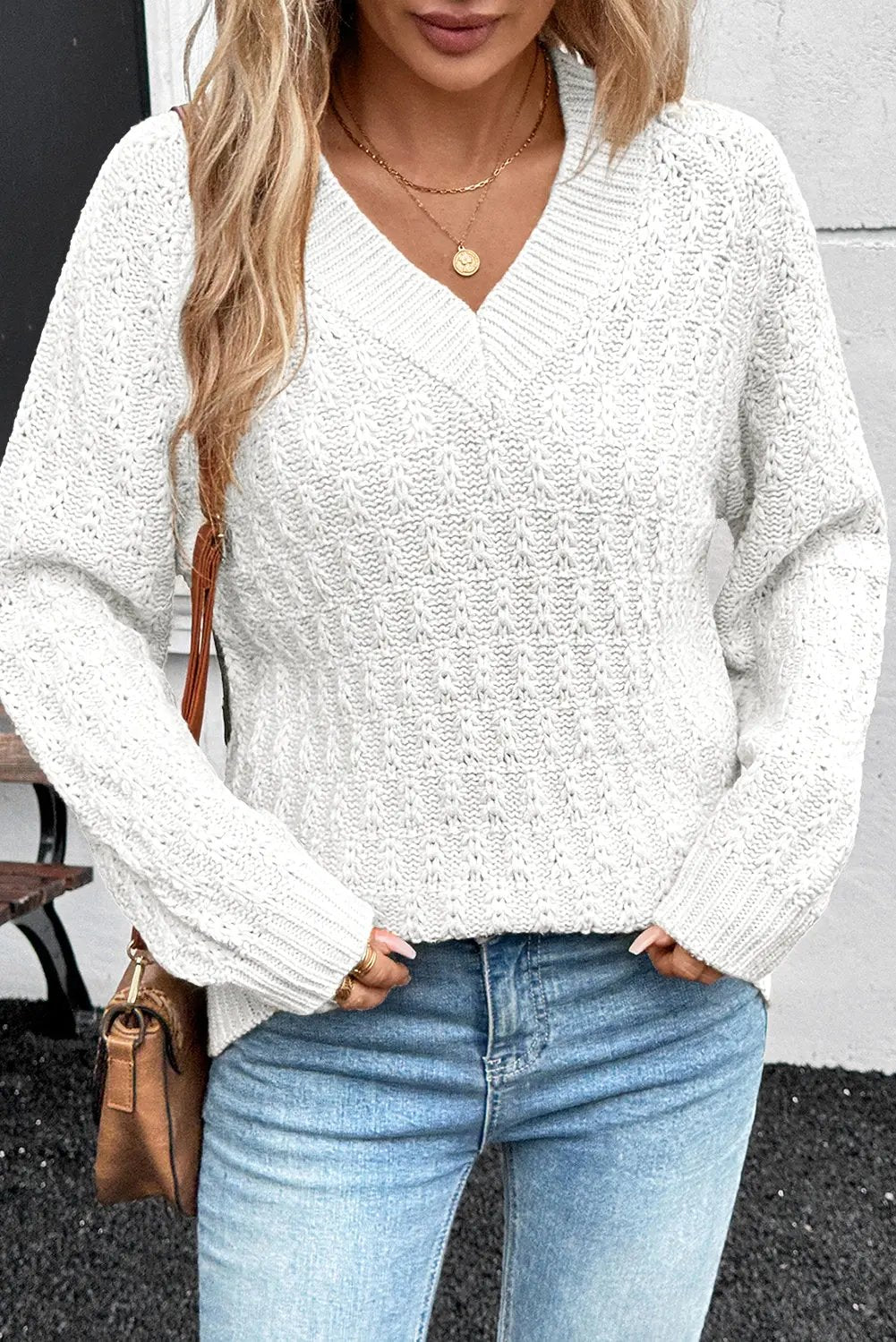 Premium White Textured Knit Ribbed Edge V Neck Loose Sweater Dear-Lover Dropshipping