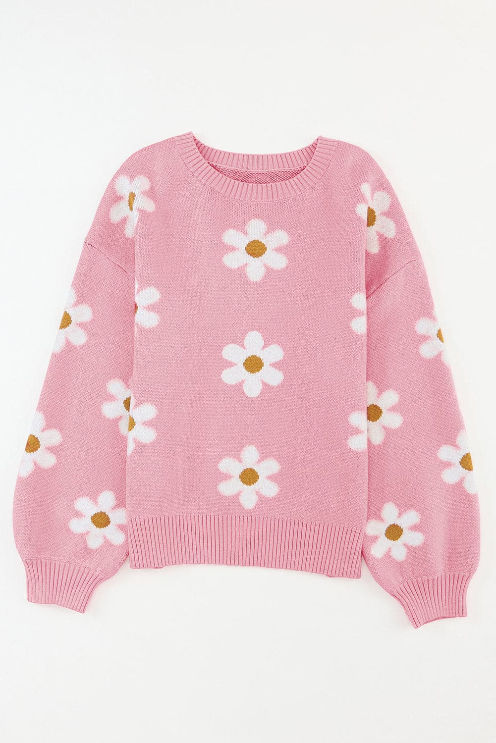 Flower Round Neck Dropped Shoulder Sweater.