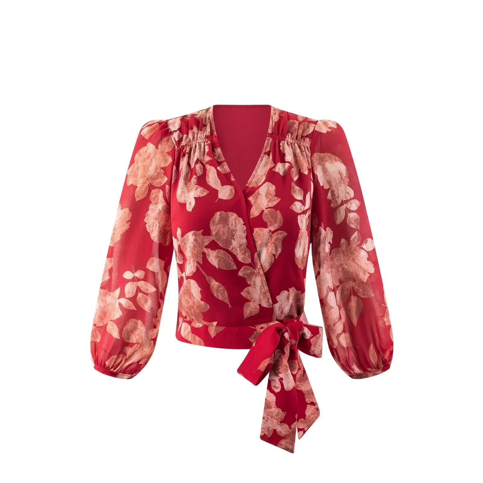Red Floral Wrap Blouse With Tie Front Ruched Detailing Bella Mia