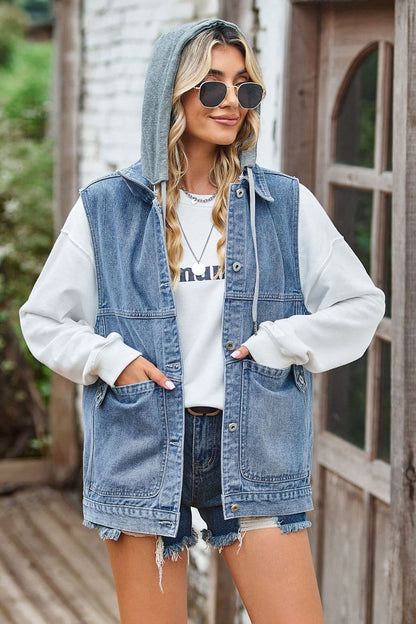 Sleeveless Denim Top with A Detachable Hood.