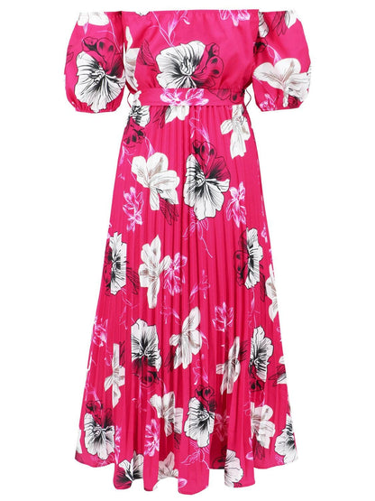 Pleated Floral Off-Shoulder Short Sleeve Midi DressPleated Floral Off-Shoulder Short Sleeve Midi Dress
 Step into elegance with our Pleated Floral Off-Shoulder Short Sleeve Midi Dress. Embrace sophistication effortleLove Salve -Shoulder Short Sleeve Midi Dressjust arrived