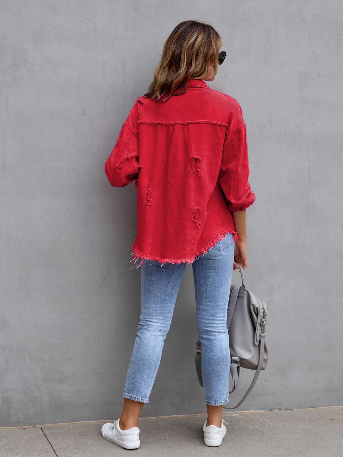 Distressed Drop Shoulder Denim Jacket Coco’s Tee Boutique