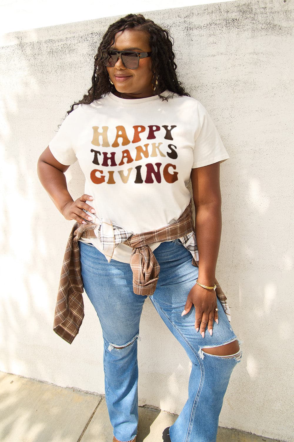 Simply Love Full Size HAPPY THANKS GIVING Short Sleeve T-Shirt.