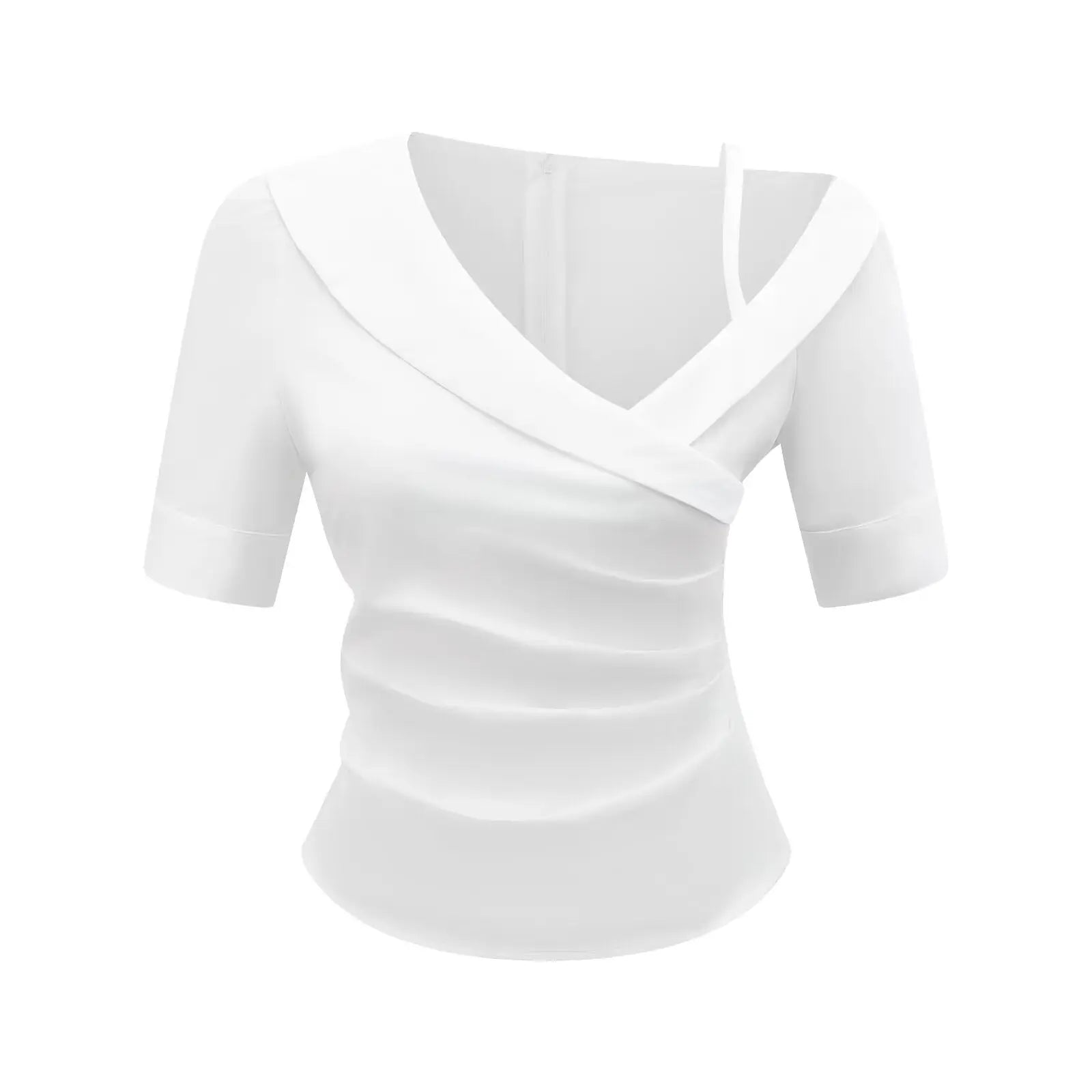 Elegant White Cotton Blend Pleated Short Sleeve Wrap Top Slim Fit For Summer Bella Mia
