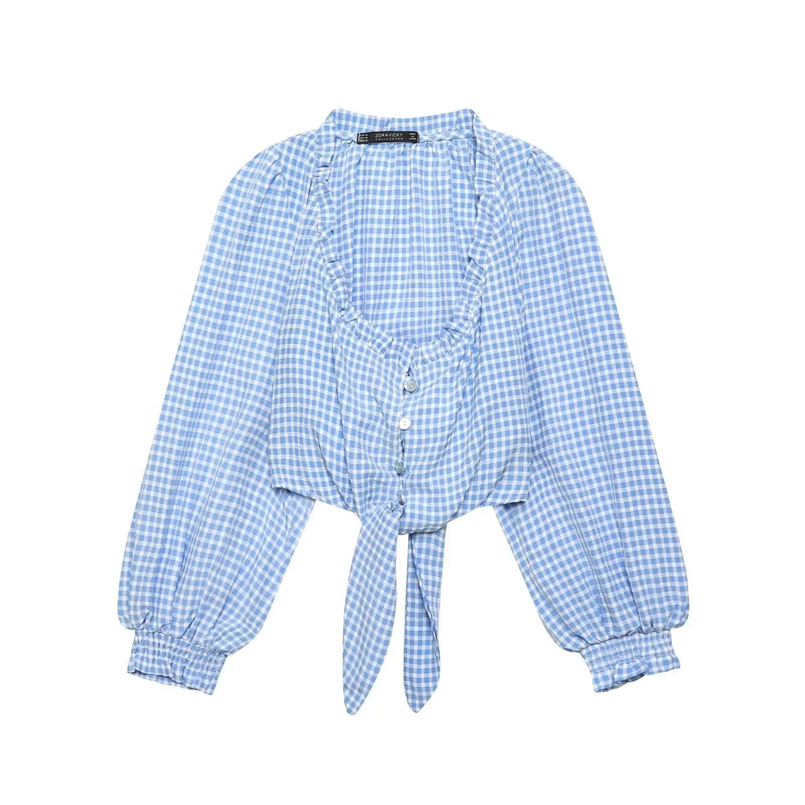 Womens Blue Gingham Tie Front Blouse With Square Neck Long Sleeve Bella Mia