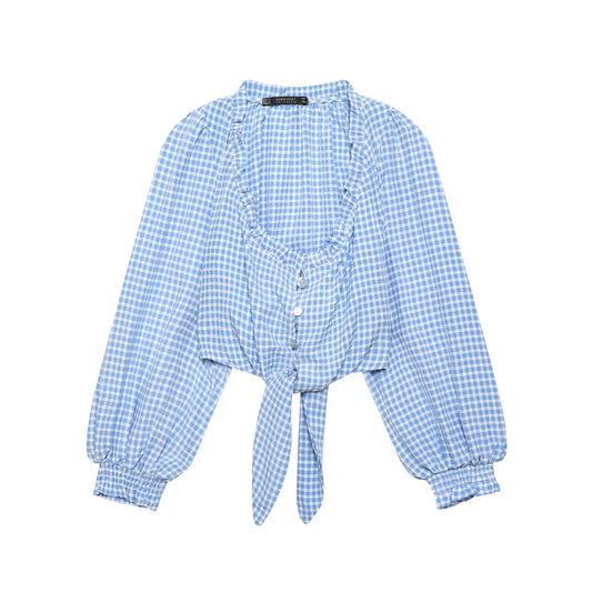 Womens Blue Gingham Tie Front Blouse With Square Neck Long Sleeve Bella Mia