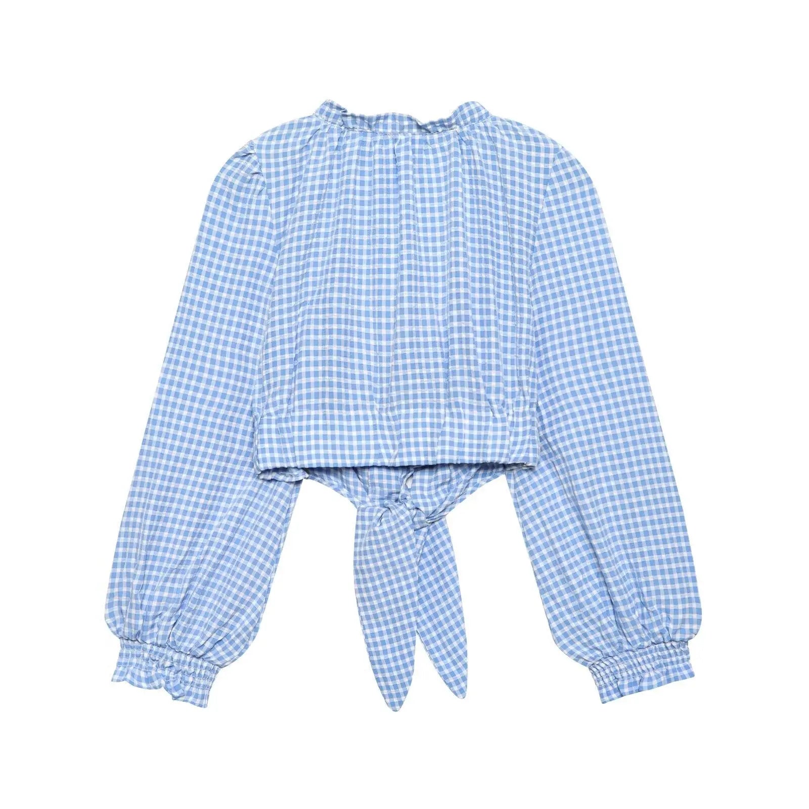 Womens Blue Gingham Tie Front Blouse With Square Neck Long Sleeve Bella Mia