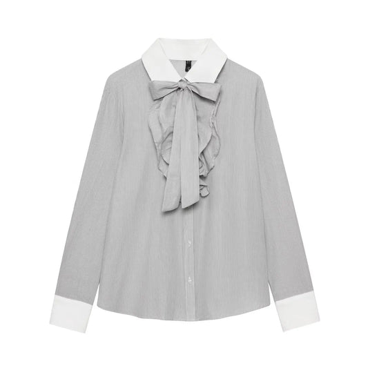 Women Clothing Western Bow Decoration Striped Stitching Shirt Bella Mia