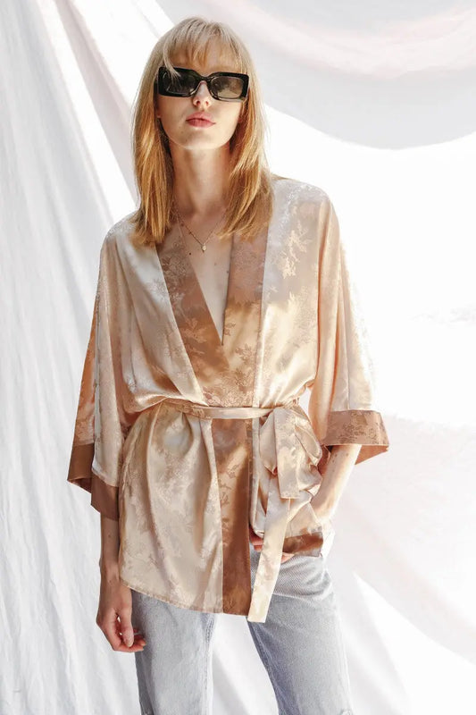 Miss Sparkling Tonal Jacquard Kimono With Two Tone Floral Print Silk Texture Miss Sparkling