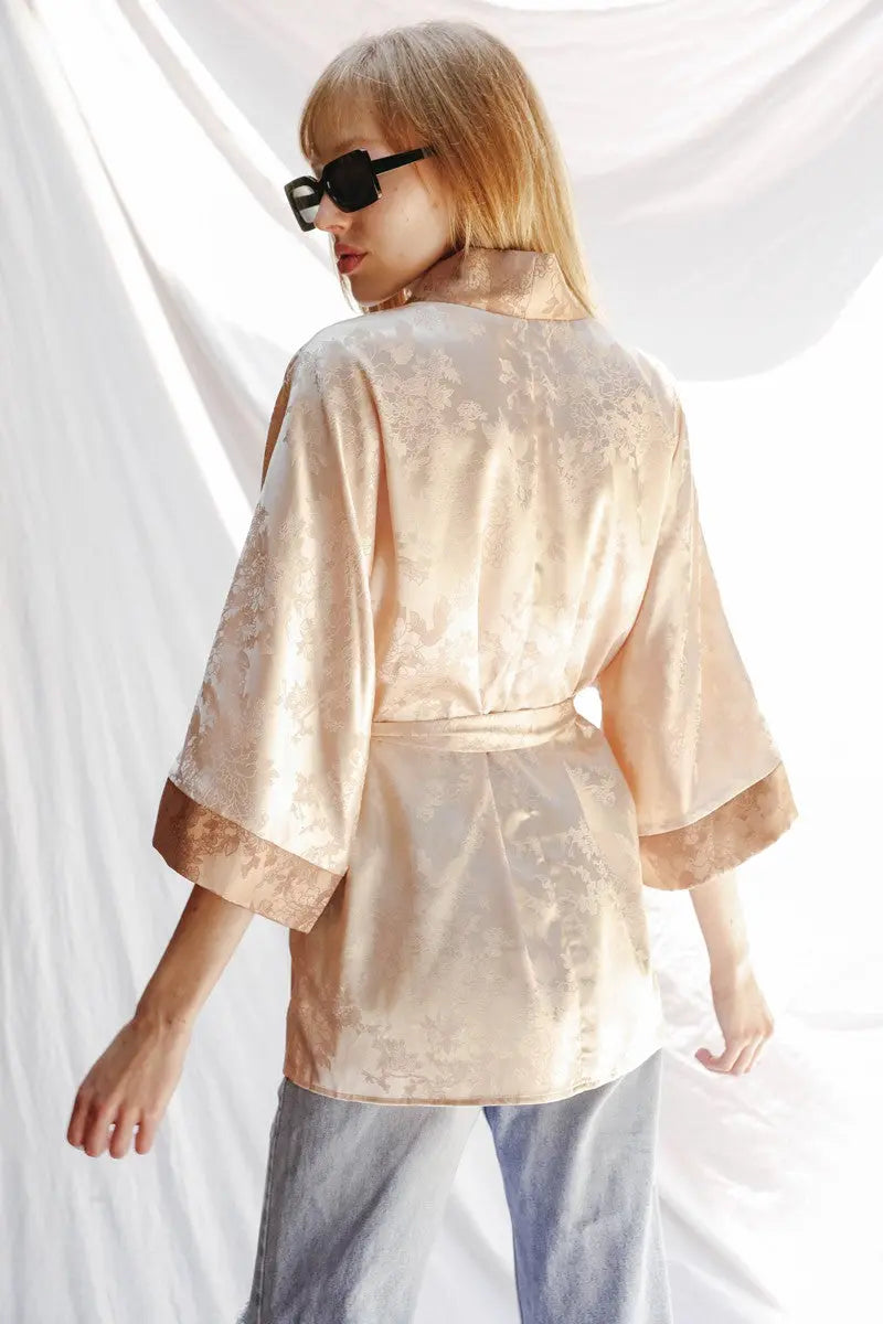 Miss Sparkling Tonal Jacquard Kimono With Two Tone Floral Print Silk Texture Miss Sparkling