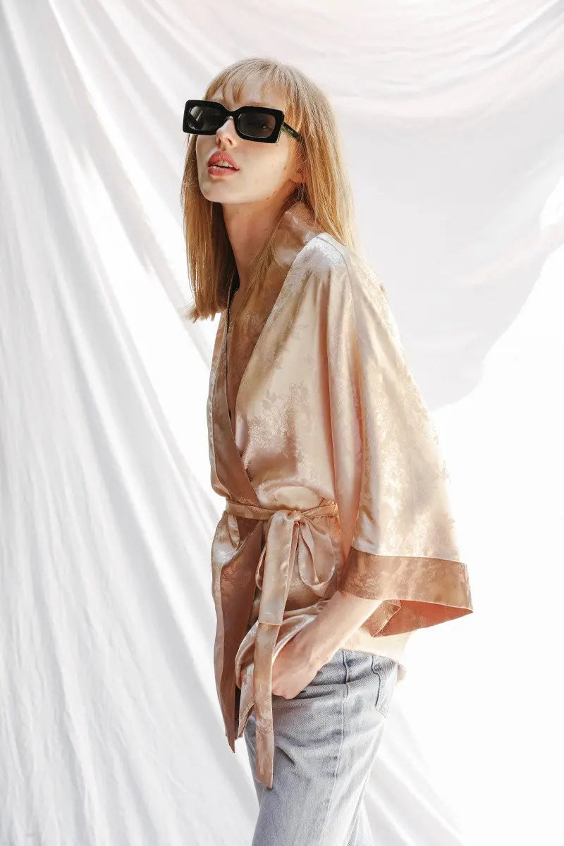 Miss Sparkling Tonal Jacquard Kimono With Two Tone Floral Print Silk Texture Miss Sparkling