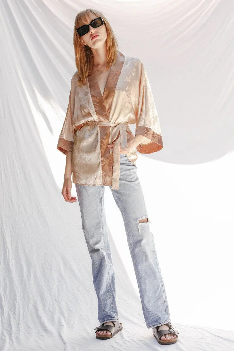 Miss Sparkling Tonal Jacquard Kimono With Two Tone Floral Print Silk Texture Miss Sparkling