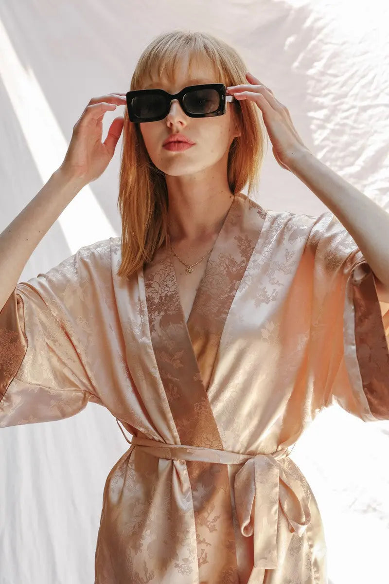 Miss Sparkling Tonal Jacquard Kimono With Two Tone Floral Print Silk Texture Miss Sparkling