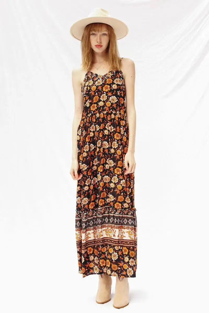 Navy Floral Maxi Dress With Adjustable Straps And Invisible Zipper Miss Sparkling