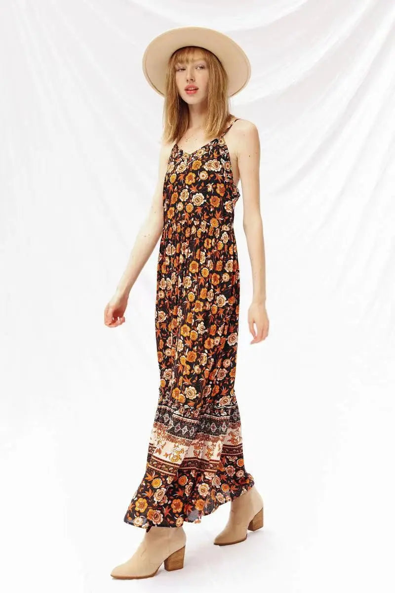 Navy Floral Maxi Dress With Adjustable Straps And Invisible Zipper Miss Sparkling