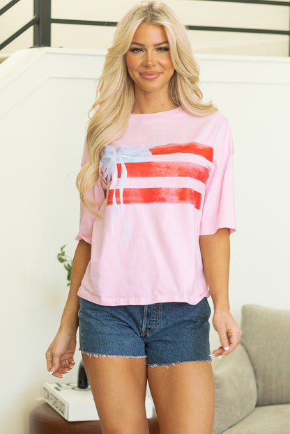 Light Pink Flag Bow Graphic Crewneck Tee for Women