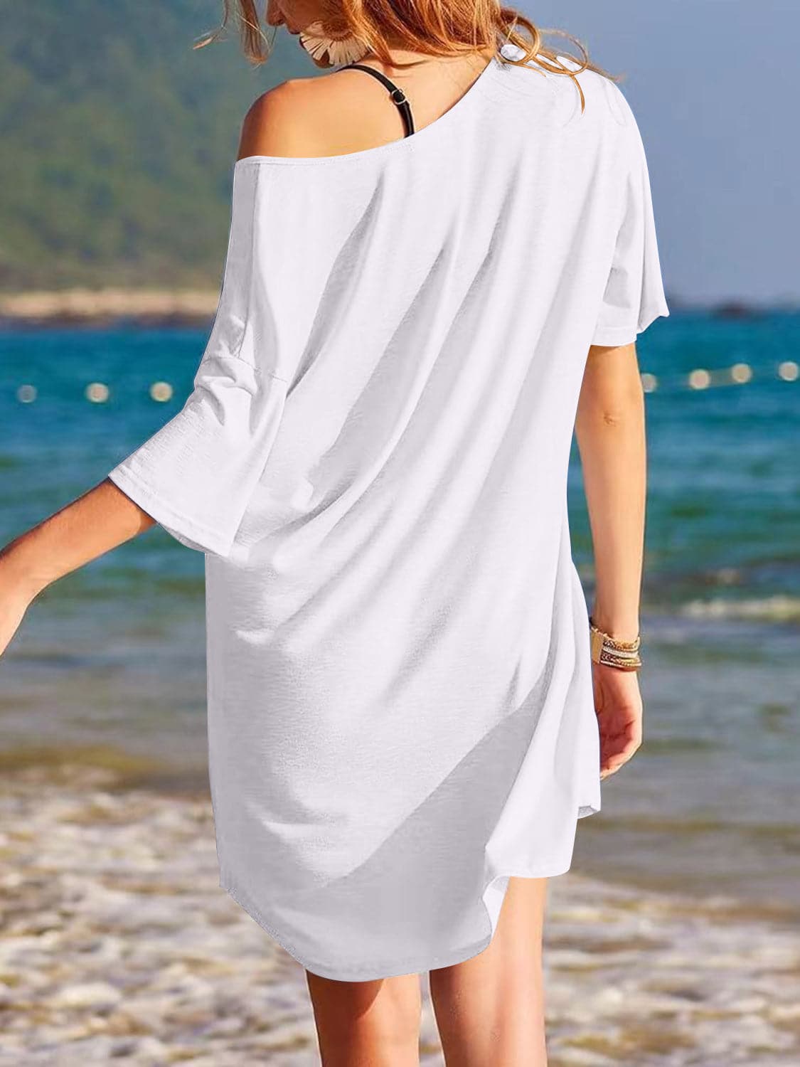 Pocketed V-Neck Short Sleeve Tee Dress.