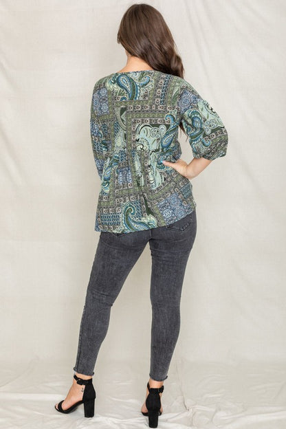 Plus Button Accent Paisley Top