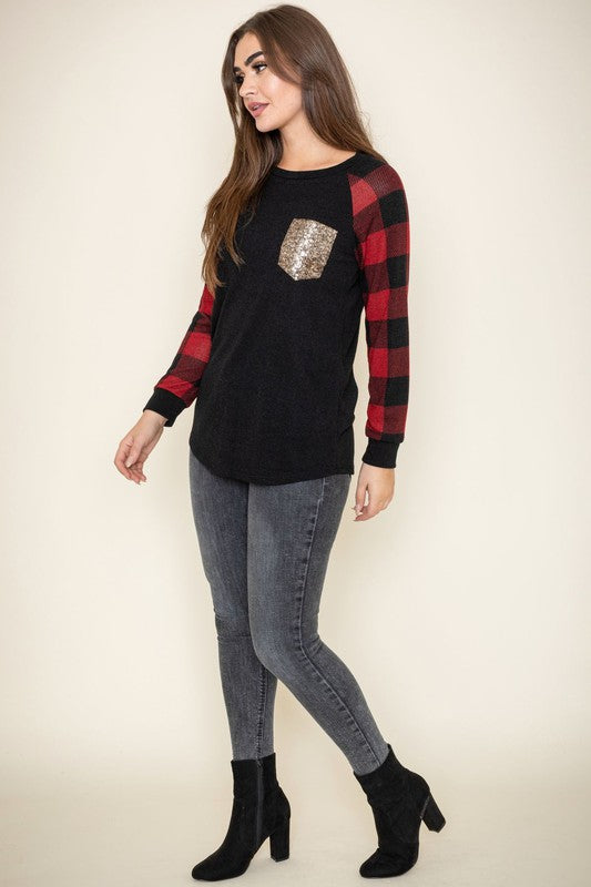 Sequin pocket tunic with checker sleeves for a stylish upgrade