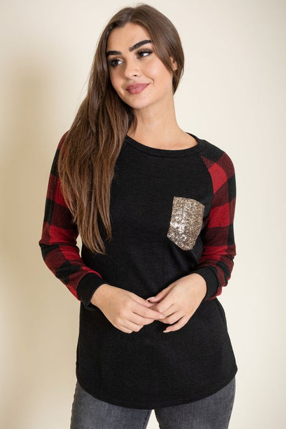 Sequin pocket tunic with checker sleeves for a stylish upgrade