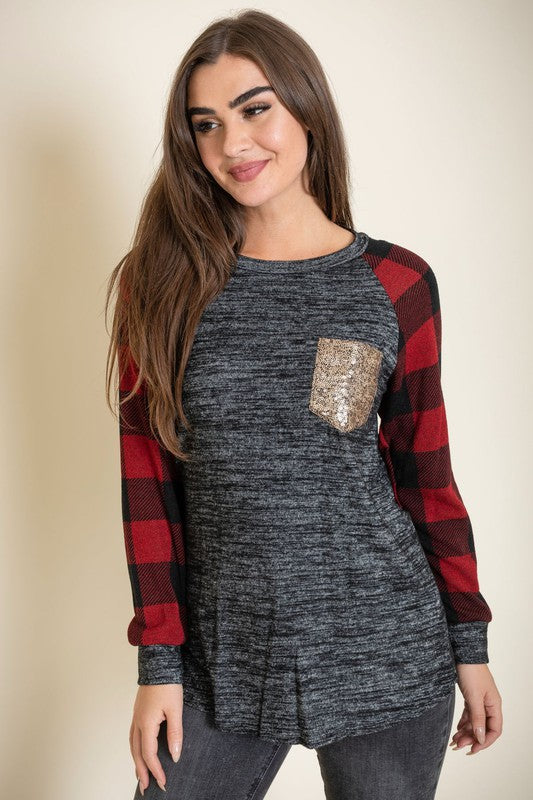 Sequin pocket tunic with checker sleeves