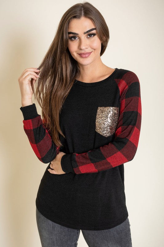 Sequin pocket tunic with checker sleeves for a stylish upgrade