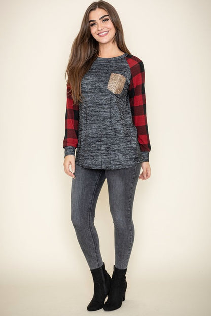 Sequin pocket tunic with checker sleeves