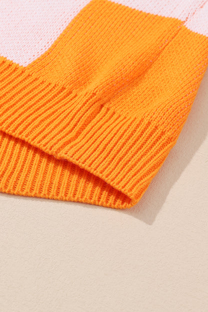 Chic orange checkered bishop sleeve knit sweater