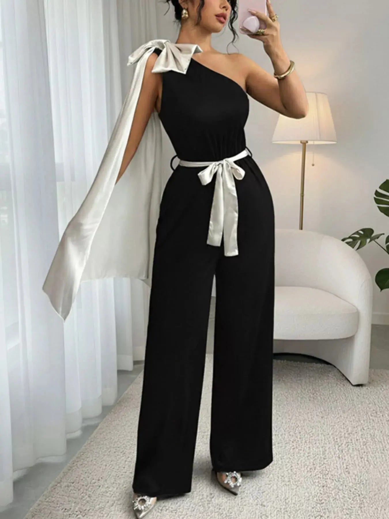 One-Shoulder Bowknot Wide Leg Jumpsuit Simply Love