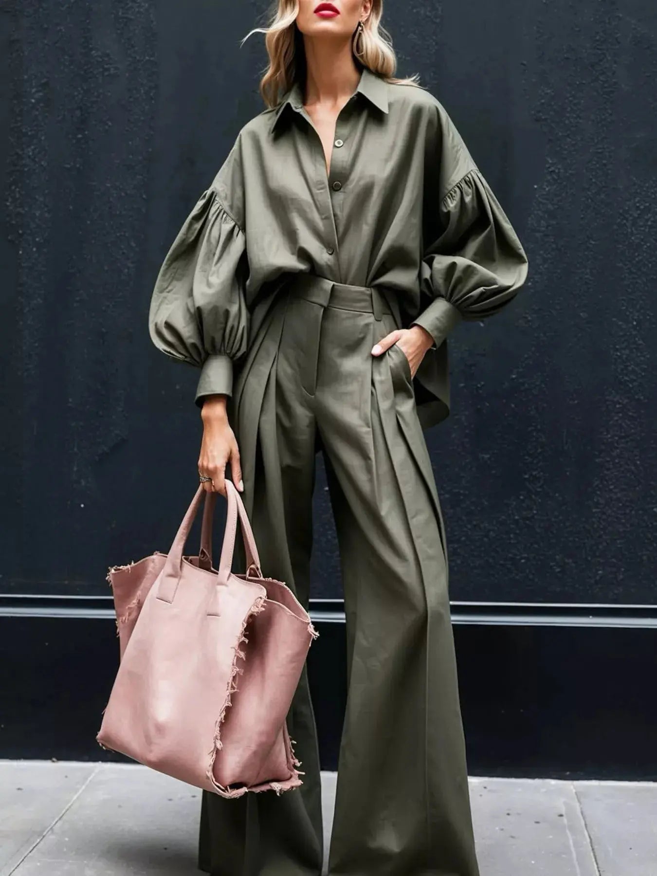 Lantern Sleeve Shirt and Wide Leg Pants Set Simply Love